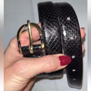 Imparts Snakeskin BLACK Belt 1” Wide Taiwan Lg Leather Golden Buckle Vtg 29-33”L